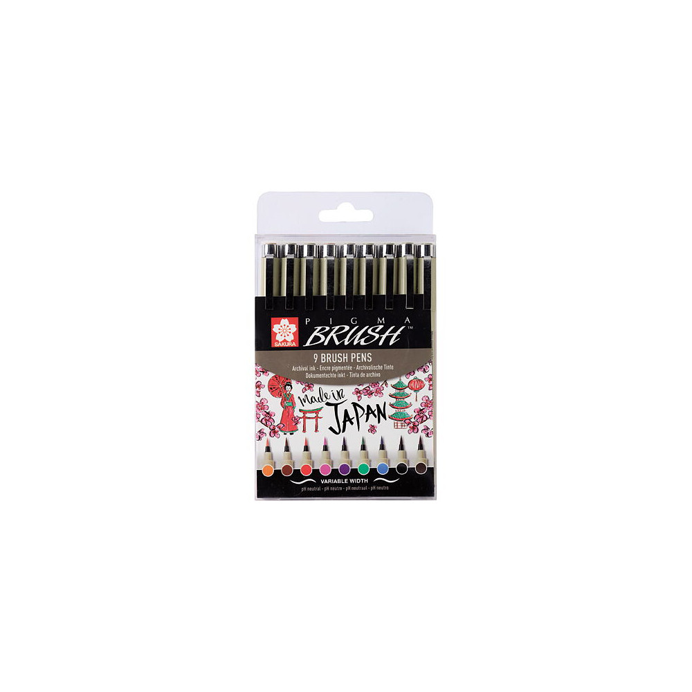 Produktbild för Sakura Pigma Brush penselset 9-pack /  Pigma Brush Wallet 9