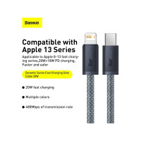 Produktbild för Baseus Dynamic, 2 m, Lightning, USB C, Hanstik, Hanstik, Grå