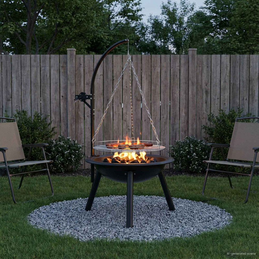 Produktbild för Eldstad med justerbart grillgaller ⌀55,5 x 107,5 cm Stål Svart