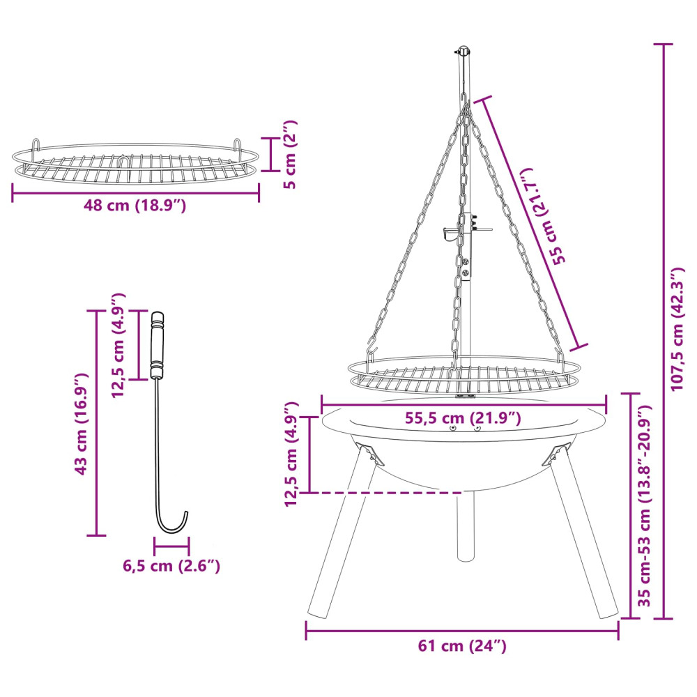 Produktbild för Eldstad med justerbart grillgaller ⌀55,5 x 107,5 cm Stål Svart