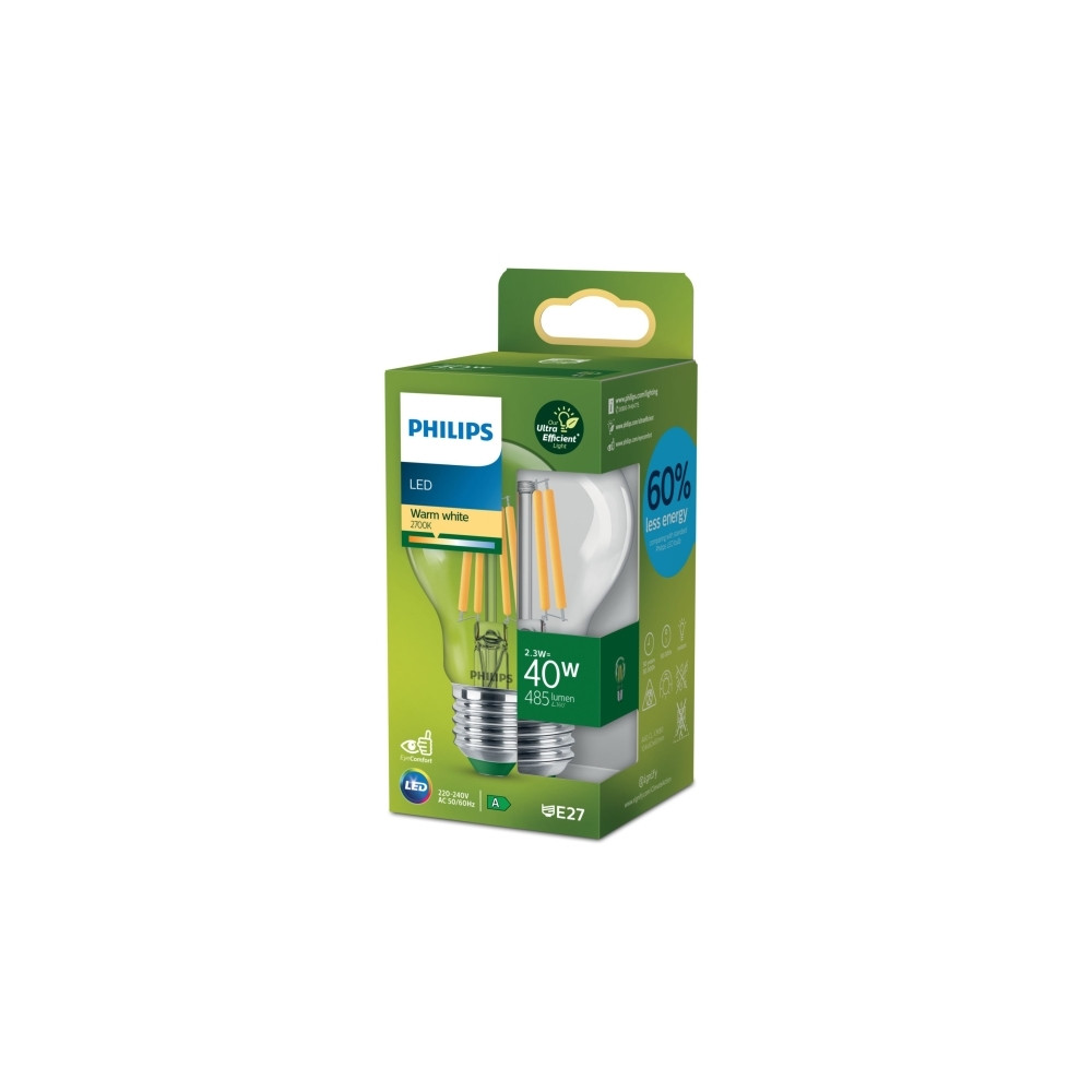 Produktbild för Philips - LED-glödlampa med filament - form: A60 - klar finish - E27 - 2.3 W - varmt vitt ljus - 2700 K