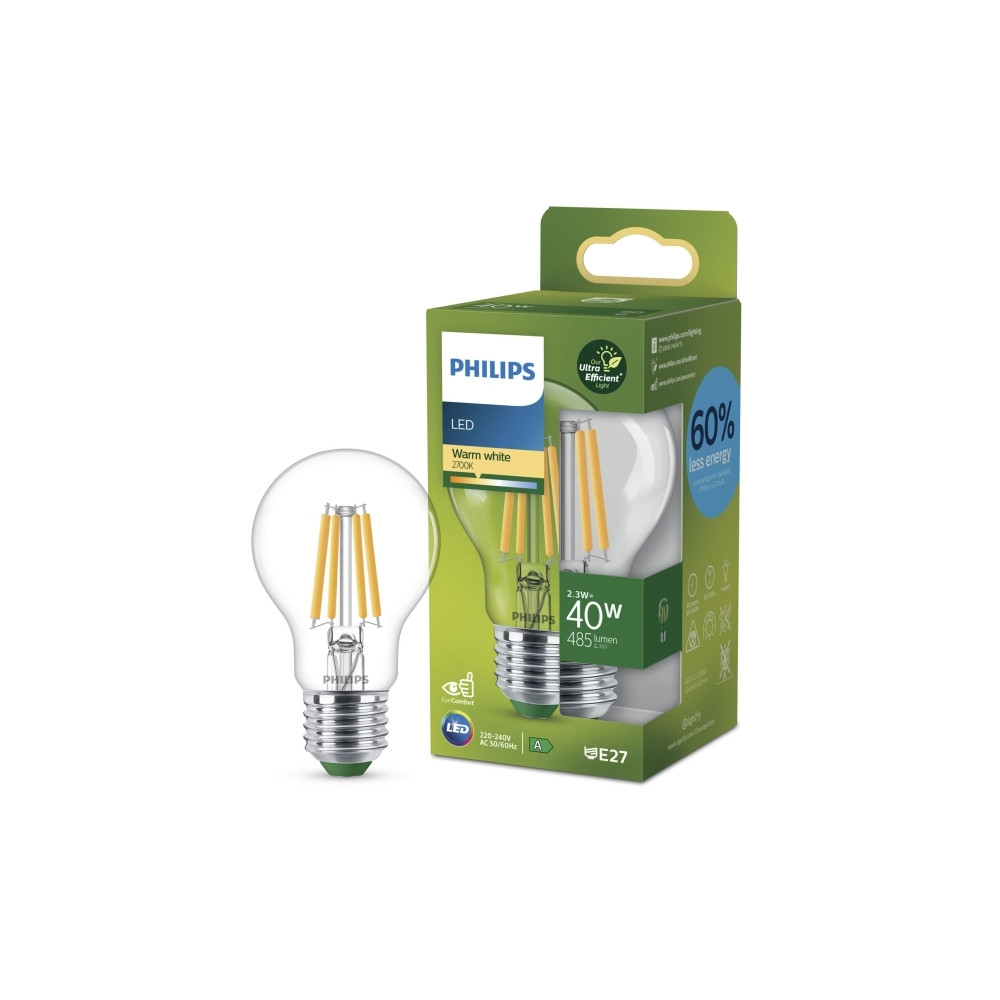 Produktbild för Philips - LED-glödlampa med filament - form: A60 - klar finish - E27 - 2.3 W - varmt vitt ljus - 2700 K