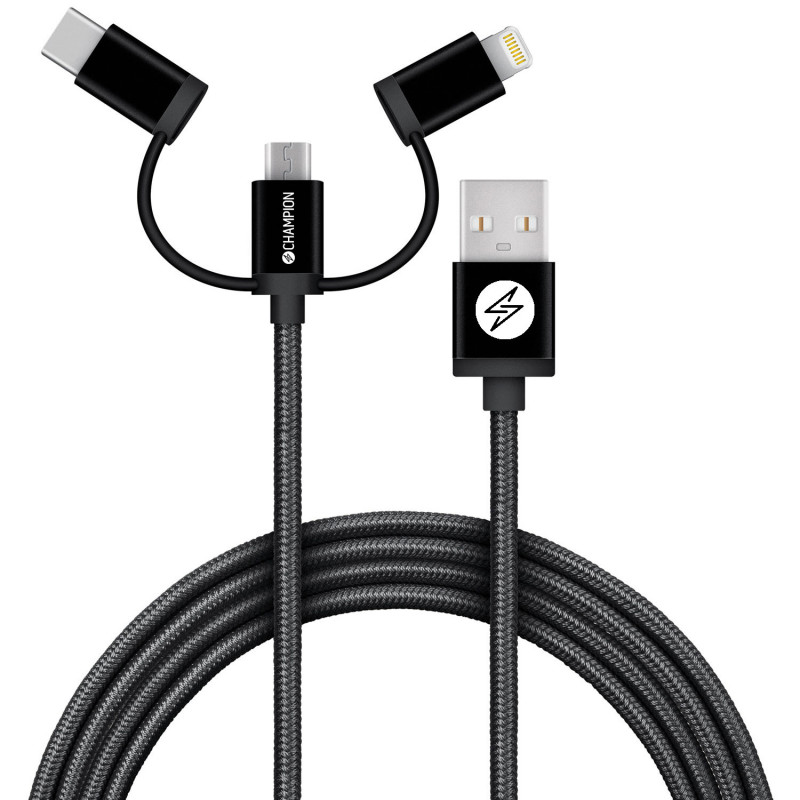 Produktbild för USB-A till Lightning, USB-C och Micro-USB 1,5m Svart