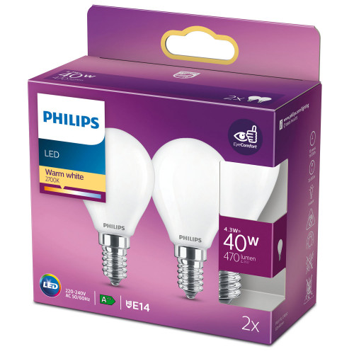 Philips 2-pack LED E14 Klot 4,3W (40W) Frost 470lm
