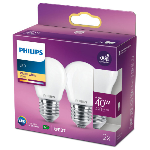 Philips 2-pack LED E27 P45 Klot 40W Frost 470lm