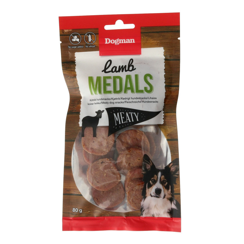 Produktbild för Dogman Hundgodis Meaty Lamb Medals 80g