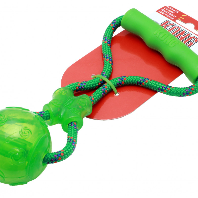 Produktbild för Hundleksak Kong gummi Squeezz Boll m rep + handtag Medium 26x11,5cm