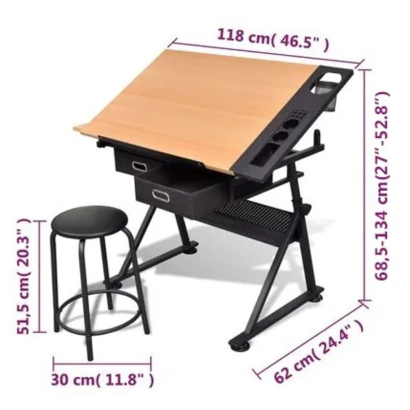 Produktbild för Vinklingsbart ritbord med 2 lådor och 1 pall