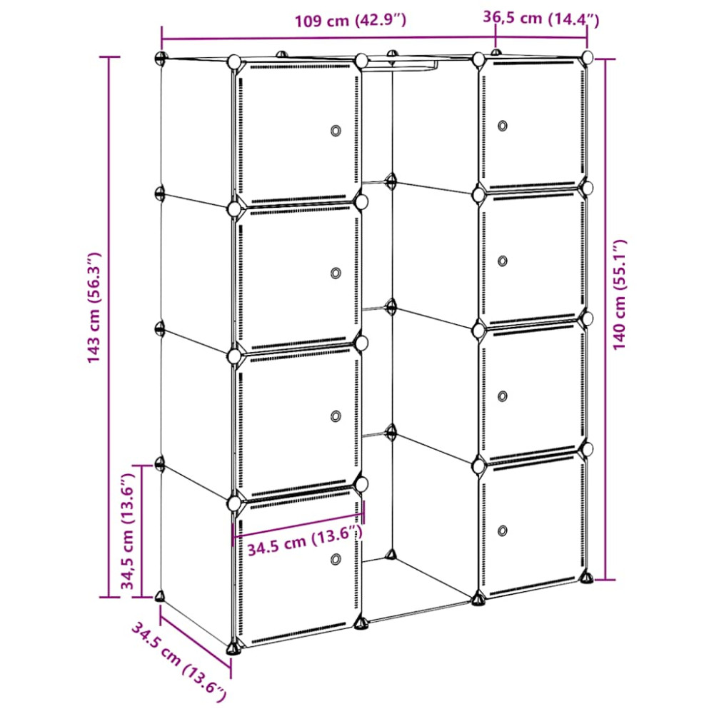 Produktbild för Modulär garderob 9 fack 109x36,5x143 cm vit