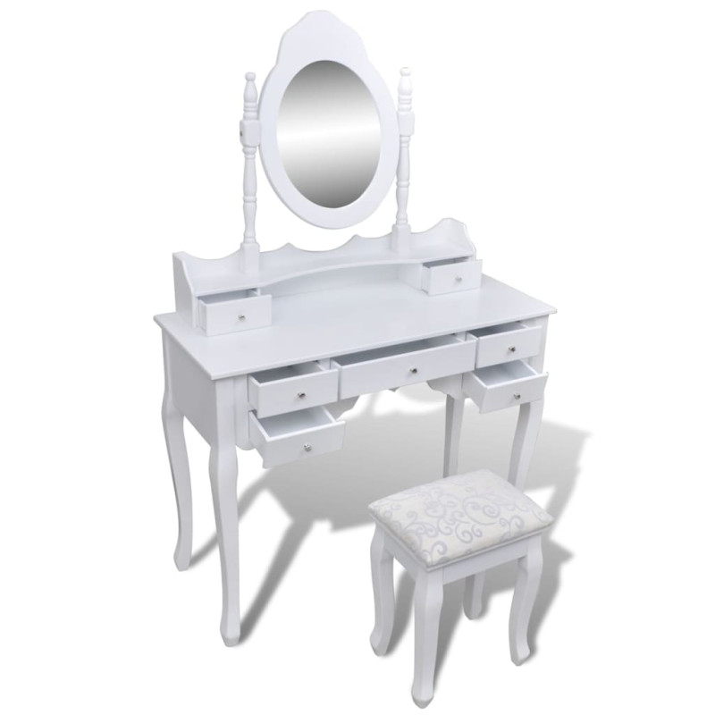 Produktbild för Sminkbord med spegel och pall 7 lådor vit