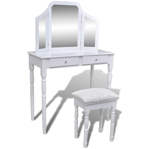 vidaXL Sminkbord med 3-i-1 spegel och pall 2 lådor vit