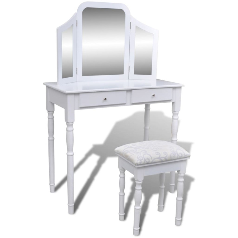 Produktbild för Sminkbord med 3-i-1 spegel och pall 2 lådor vit