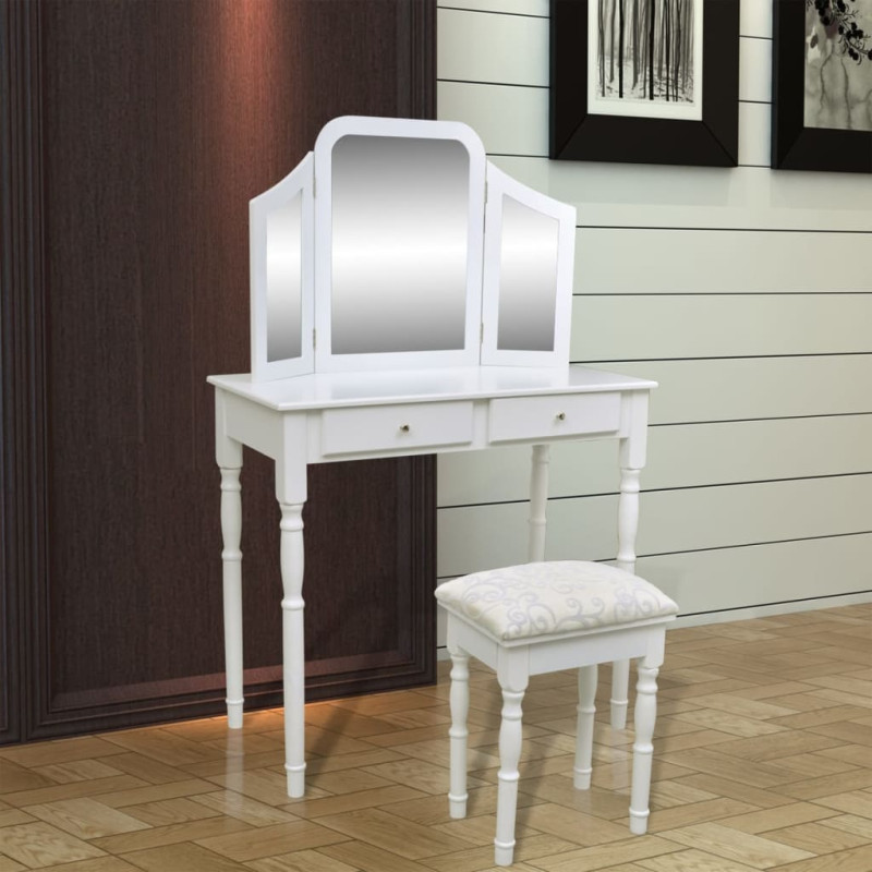 Produktbild för Sminkbord med 3-i-1 spegel och pall 2 lådor vit