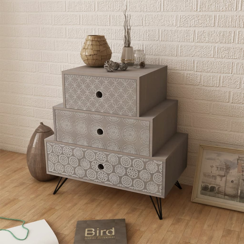 Produktbild för Sängbord med 3 lådor grå och brun