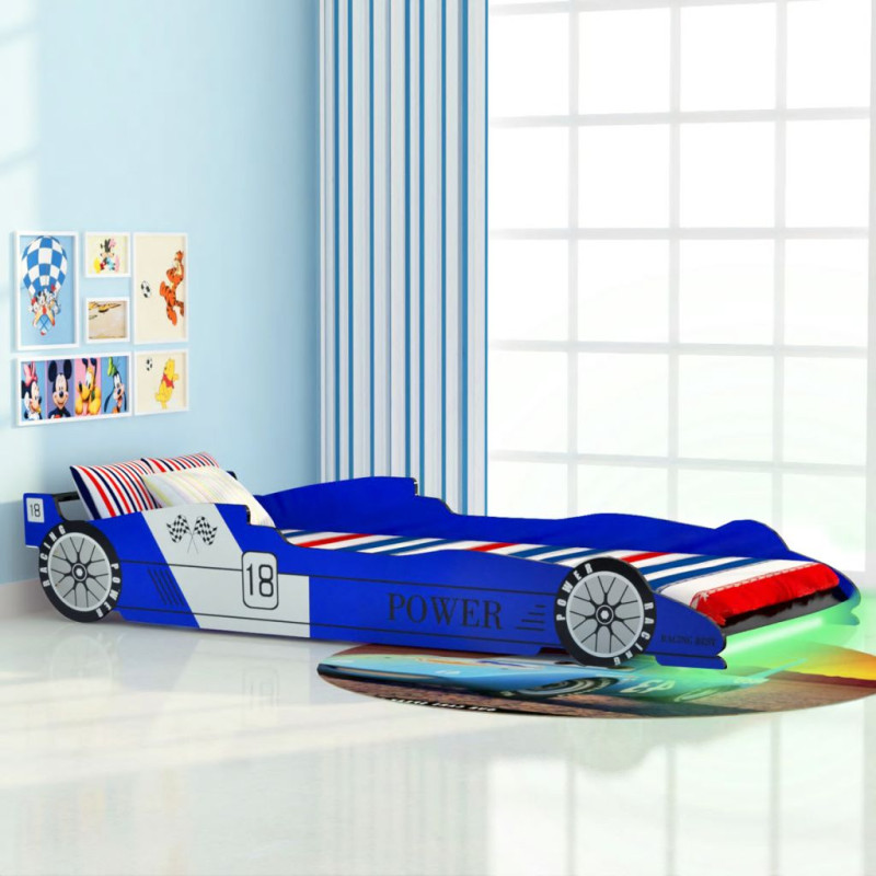 Produktbild för LED Barnsäng racerbil 90x200 cm blå