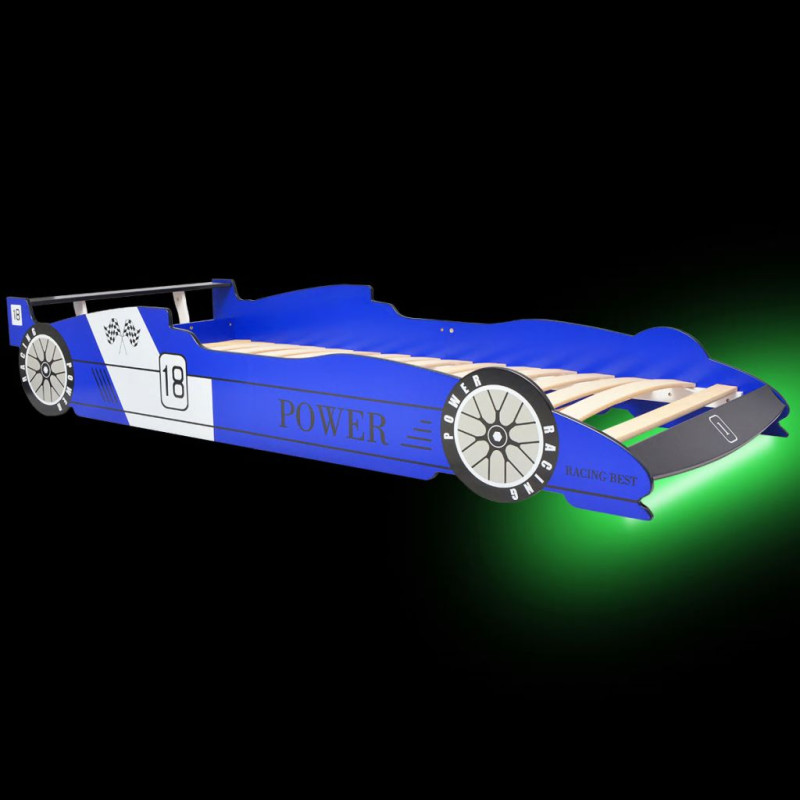 Produktbild för LED Barnsäng racerbil 90x200 cm blå