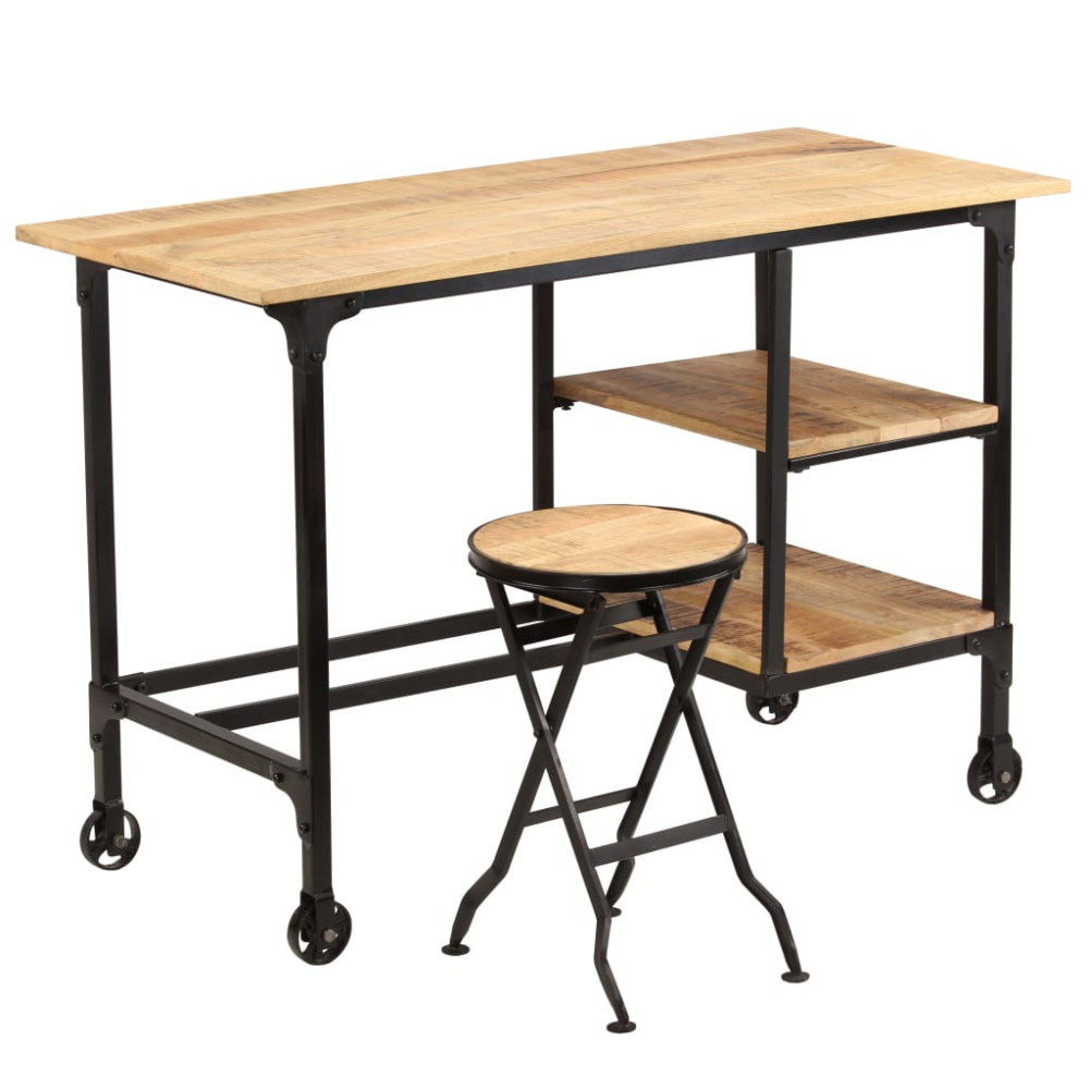 Produktbild för Skrivbord med hopfällbar pall massivt mangoträ 115x50x76 cm