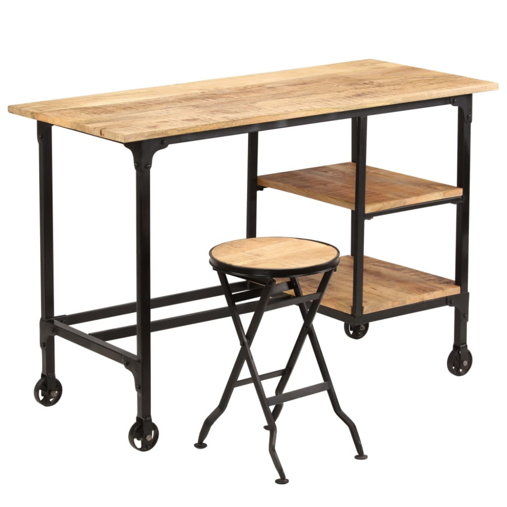 Produktbild för Skrivbord med hopfällbar pall massivt mangoträ 115x50x76 cm