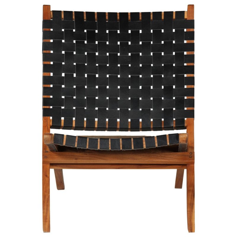 Produktbild för Hopfällbar stol flätad svart äkta läder