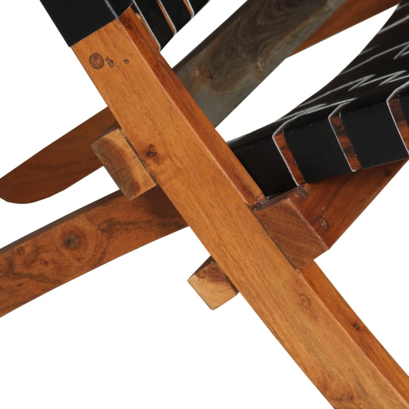 Produktbild för Hopfällbar stol flätad svart äkta läder