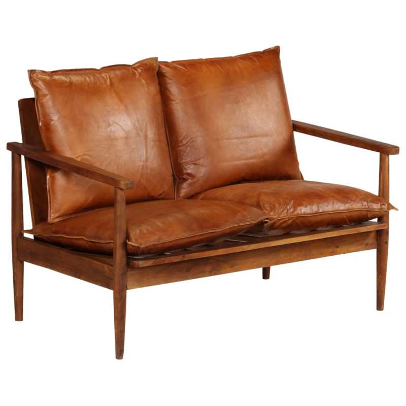 Produktbild för 2-sitssoffa i äkta läder med akaciaträ brun