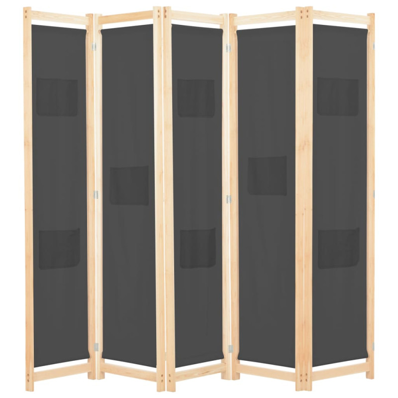 Produktbild för Rumsavdelare 5 paneler 200x170x4 cm grå tyg