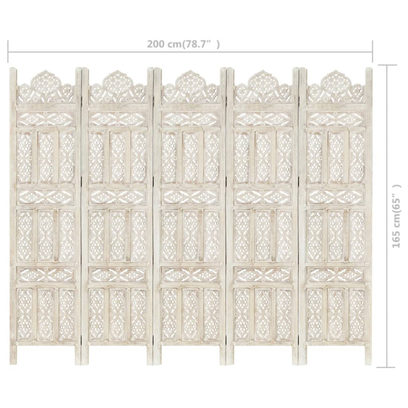 Produktbild för Rumsavdelare 5 paneler handsnidad vit 200x165 cm mangoträ