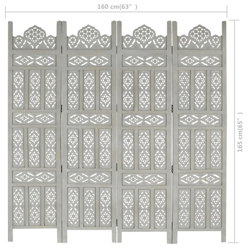 Produktbild för Rumsavdelare 4 paneler handsnidad grå 160x165 cm mangoträ
