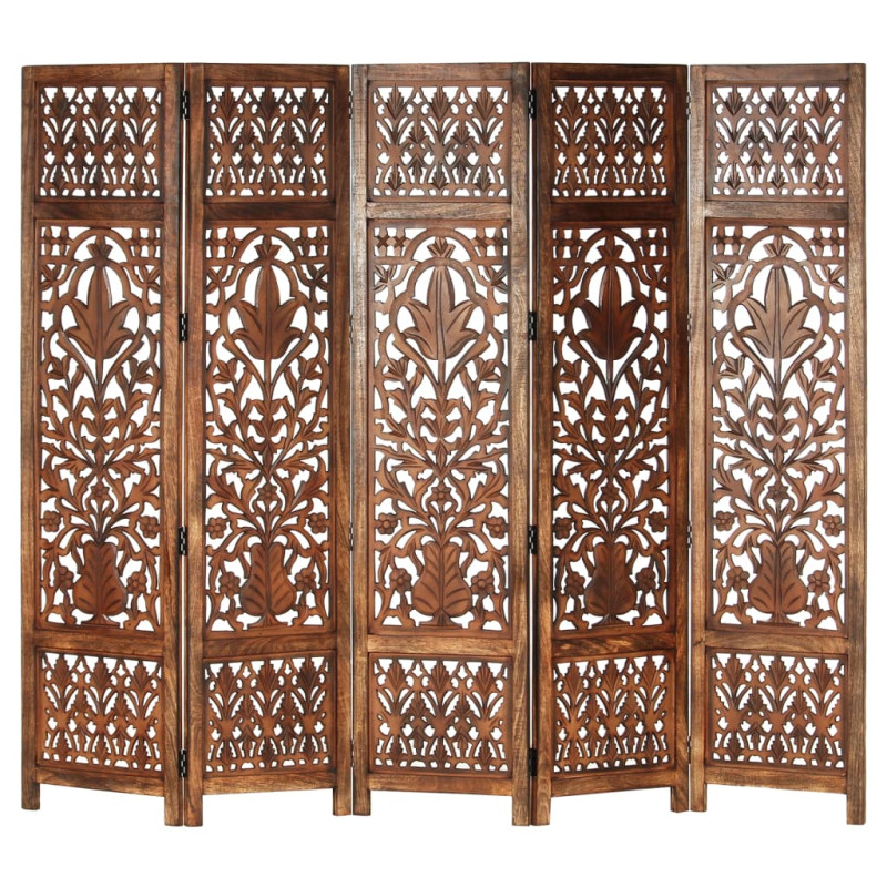 Produktbild för Rumsavdelare 5 paneler handsnidad brun 200x165 cm mangoträ
