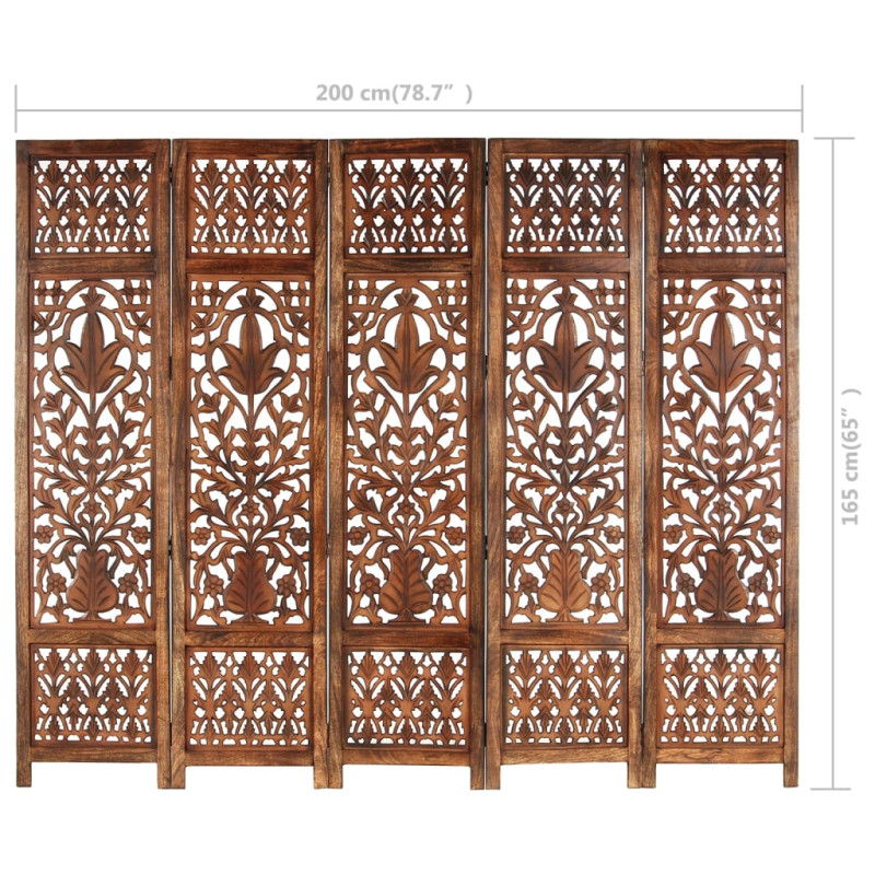 Produktbild för Rumsavdelare 5 paneler handsnidad brun 200x165 cm mangoträ