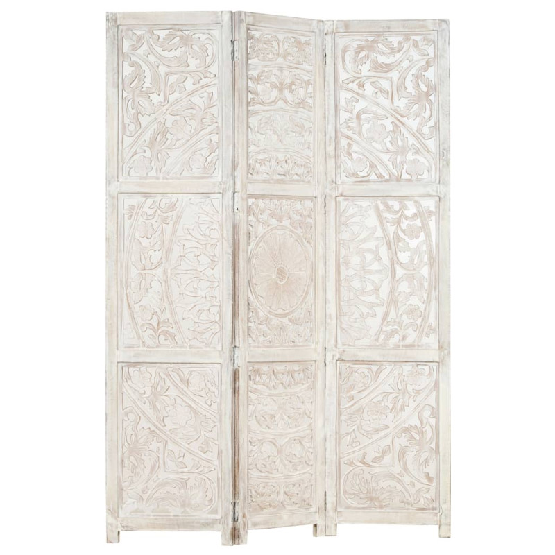 Produktbild för Rumsavdelare 3 paneler handsnidad vit 120x165 cm mangoträ