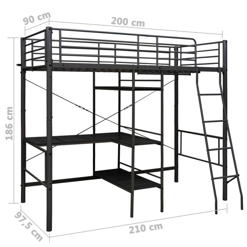 Produktbild för Våningssäng med bord svart metall 90x200 cm