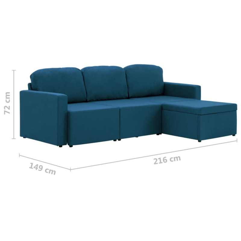 Produktbild för Bäddsoffa modulär 3-sits blå tyg