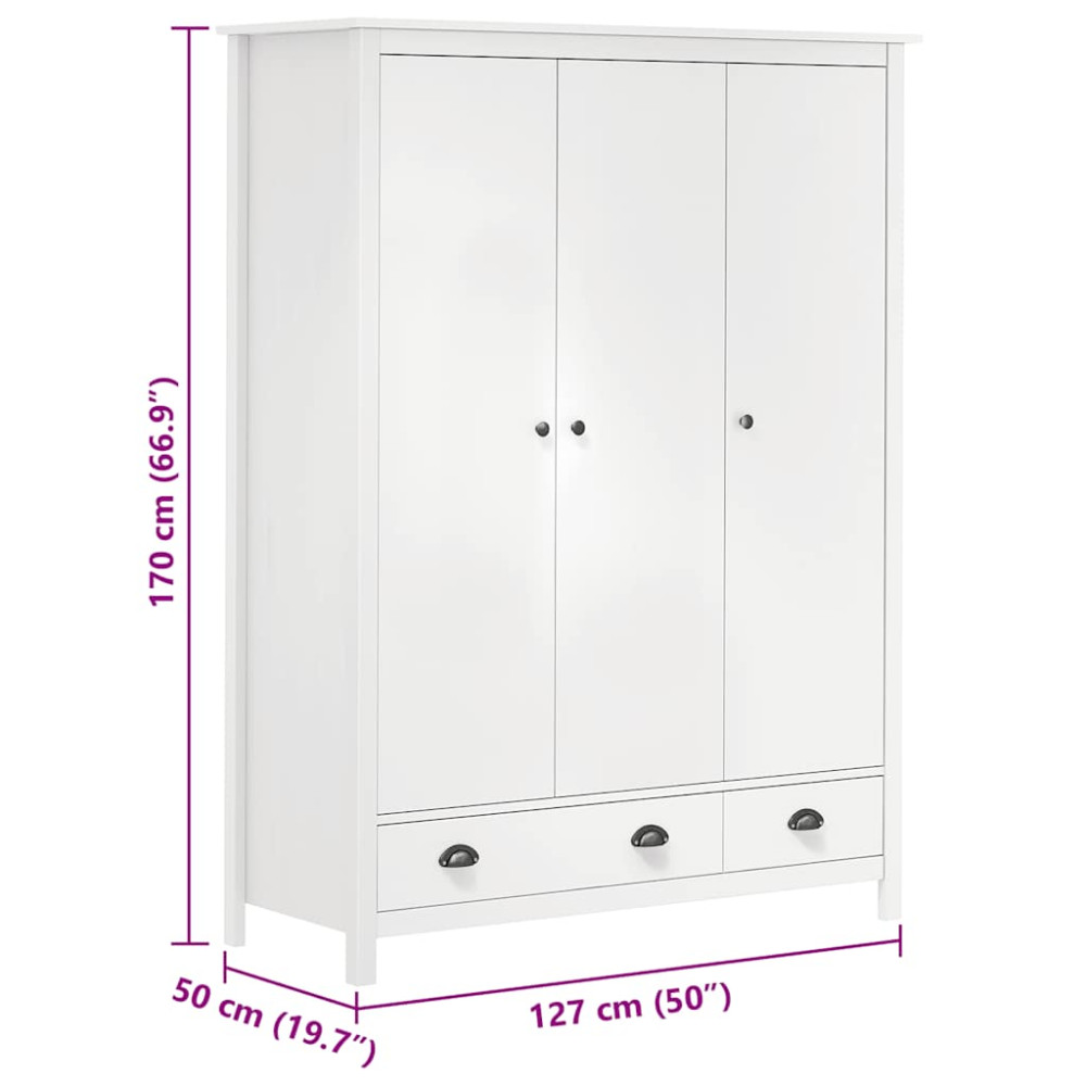 Produktbild för Garderob 3 dörrar Hill vit 127x50x170 cm massiv furu