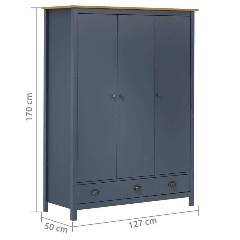 Produktbild för Garderob 3 dörrar Hill grå 127x50x170 cm massiv furu