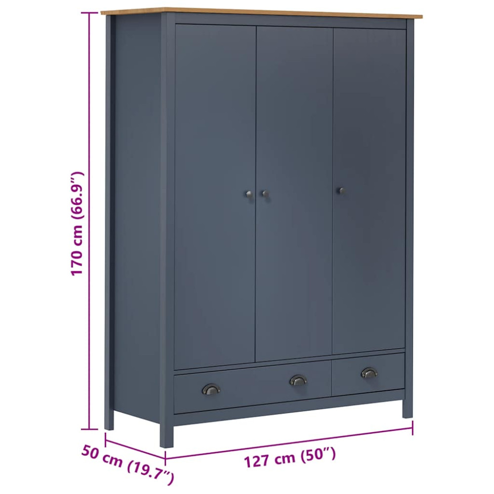 Produktbild för Garderob 3 dörrar Hill grå 127x50x170 cm massiv furu