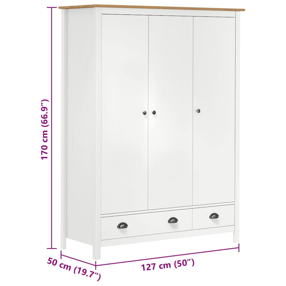 Produktbild för Garderob 3 dörrar Hill vit 127x50x170 cm massiv furu