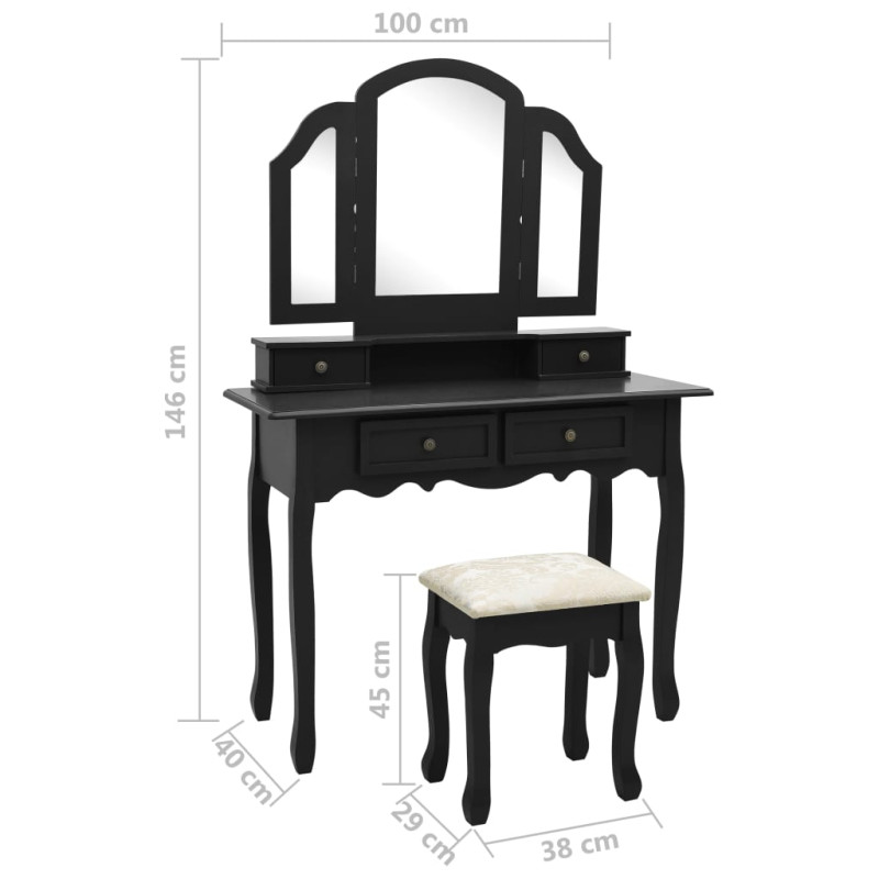 Produktbild för Sminkbord med pall svart 100x40x146 cm kejsarträ
