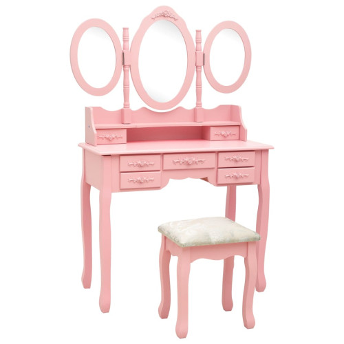 vidaXL Sminkbord med pall och 3 speglar rosa
