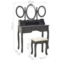 Produktbild för Sminkbord med pall och 3 speglar grå