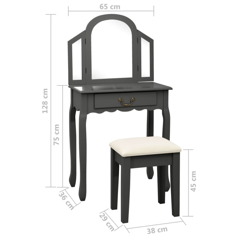 Produktbild för Sminkbord med pall grå 65x36x128 cm kejsarträ MDF