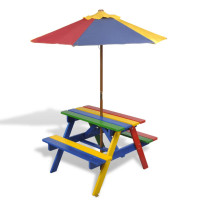 Miniatyr av produktbild för Picknickbord med bänkar och parasoll för barn flerfärgad trä