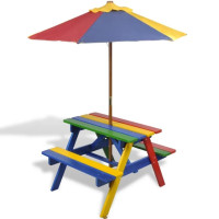 Produktbild för Picknickbord med bänkar och parasoll för barn flerfärgad trä