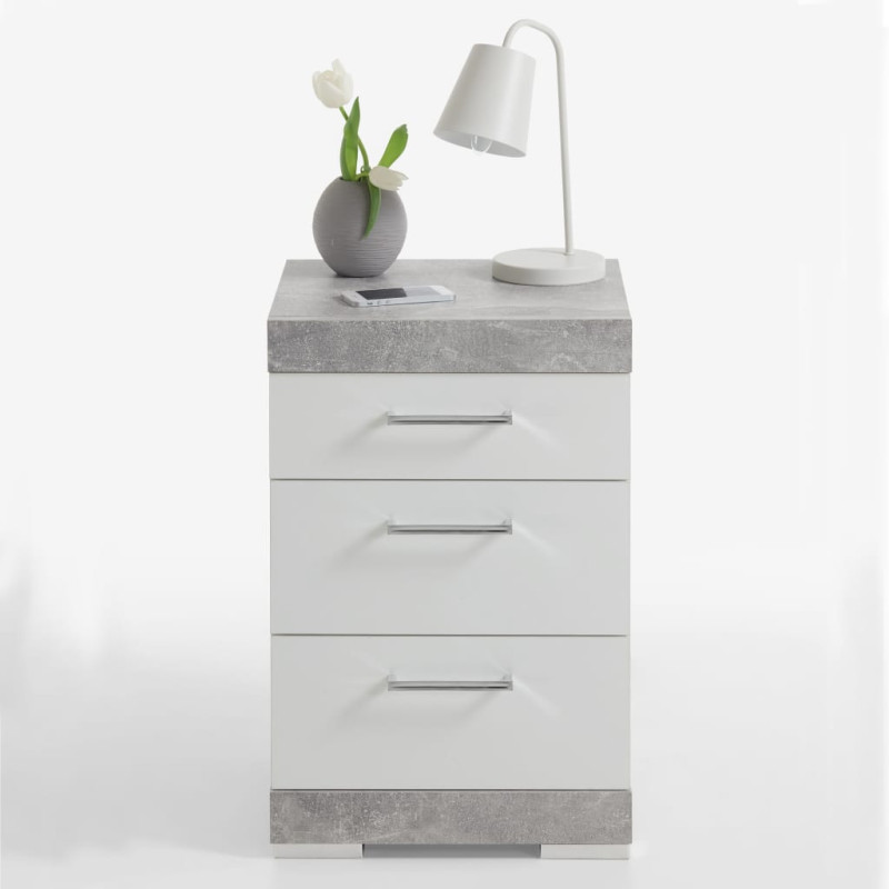 Produktbild för FMD Sängbord med 3 lådor betonggrå och vit högglans