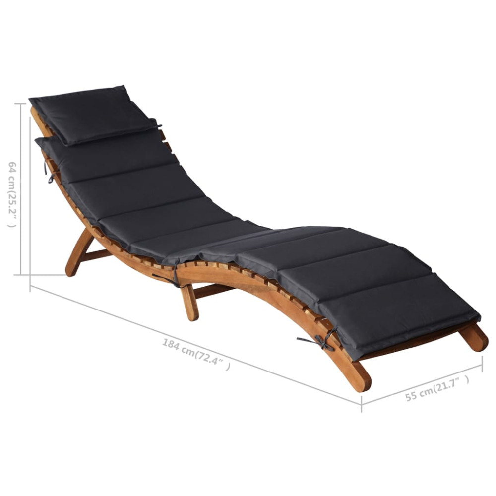 Produktbild för | Solsäng | med kudde mörkgrå 55 x 184 x 64cm Massivt Akaciaträ