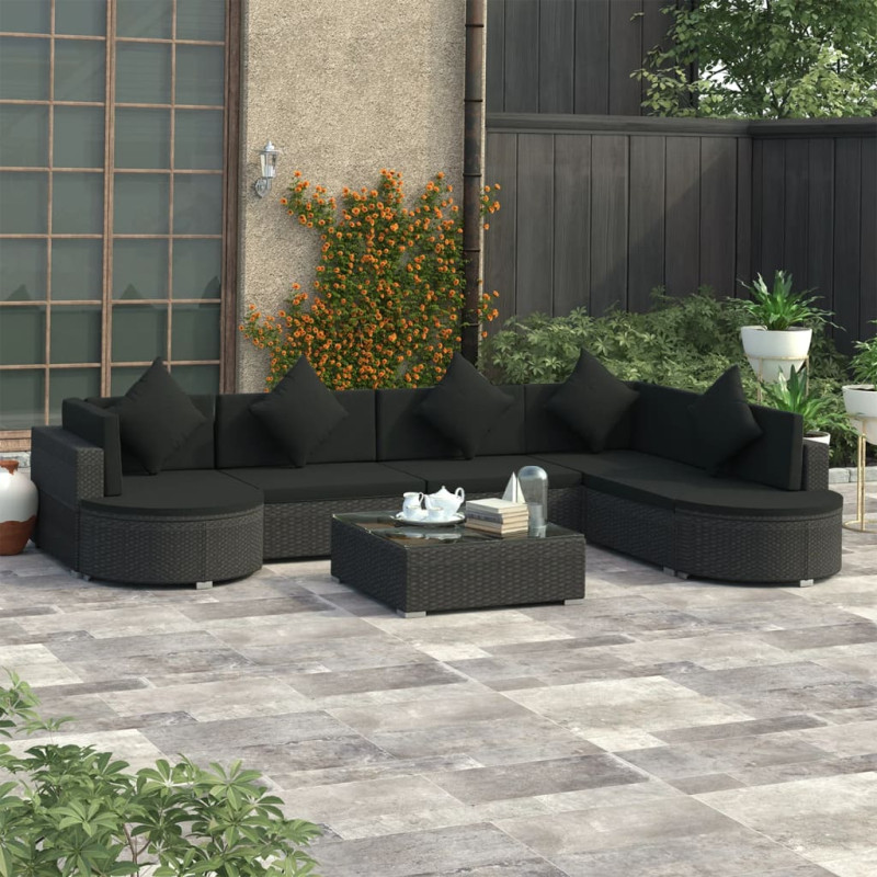 Produktbild för Loungegrupp för trädgården med dynor 8 delar konstrotting svart