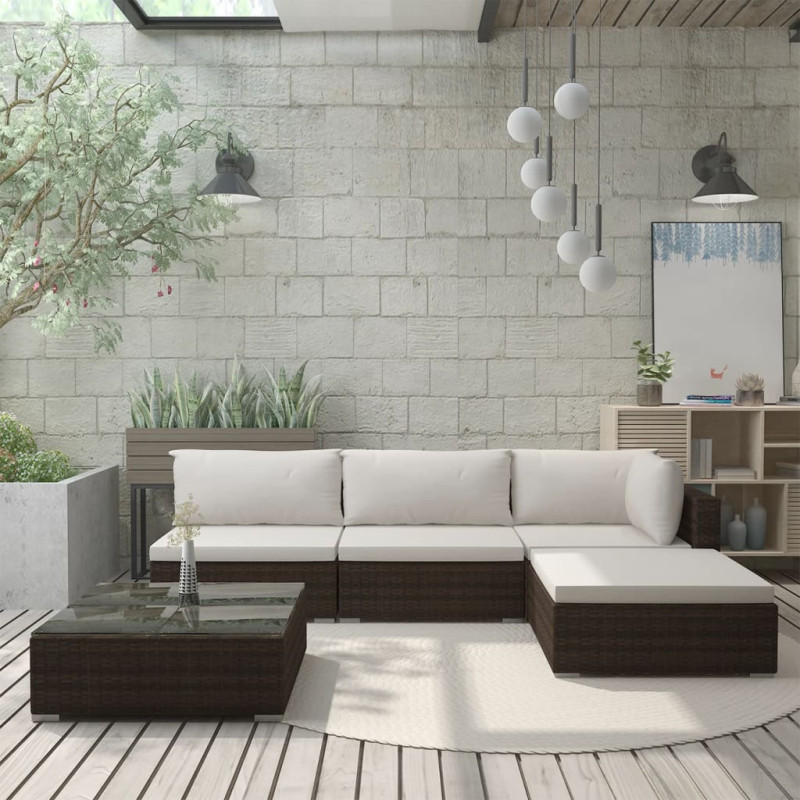 Produktbild för Loungegrupp för trädgården med dynor 5 delar konstrotting brun