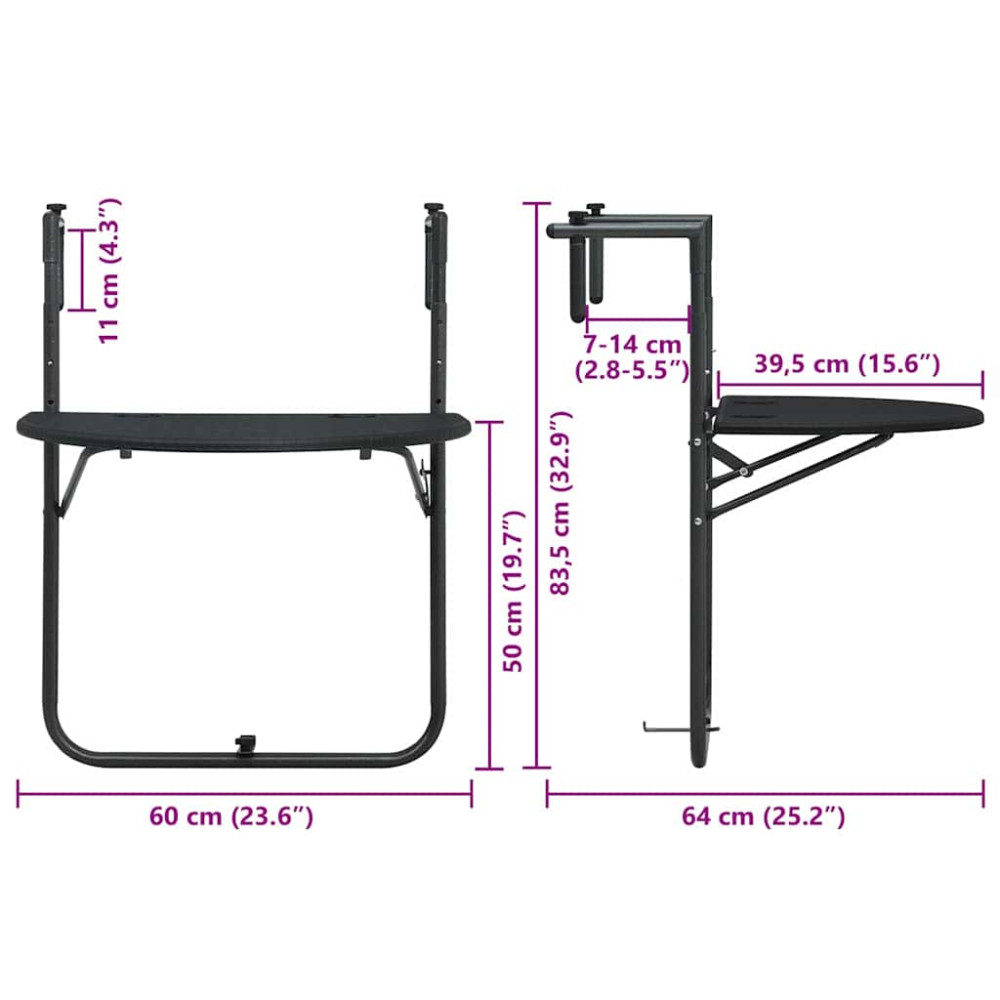 Produktbild för Balkongbord svart 60x64x83,5 cm plast konstrotting