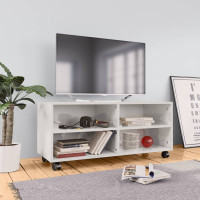 Produktbild för Tv-bänk med hjul vit högglans 90x35x35 cm konstruerat trä