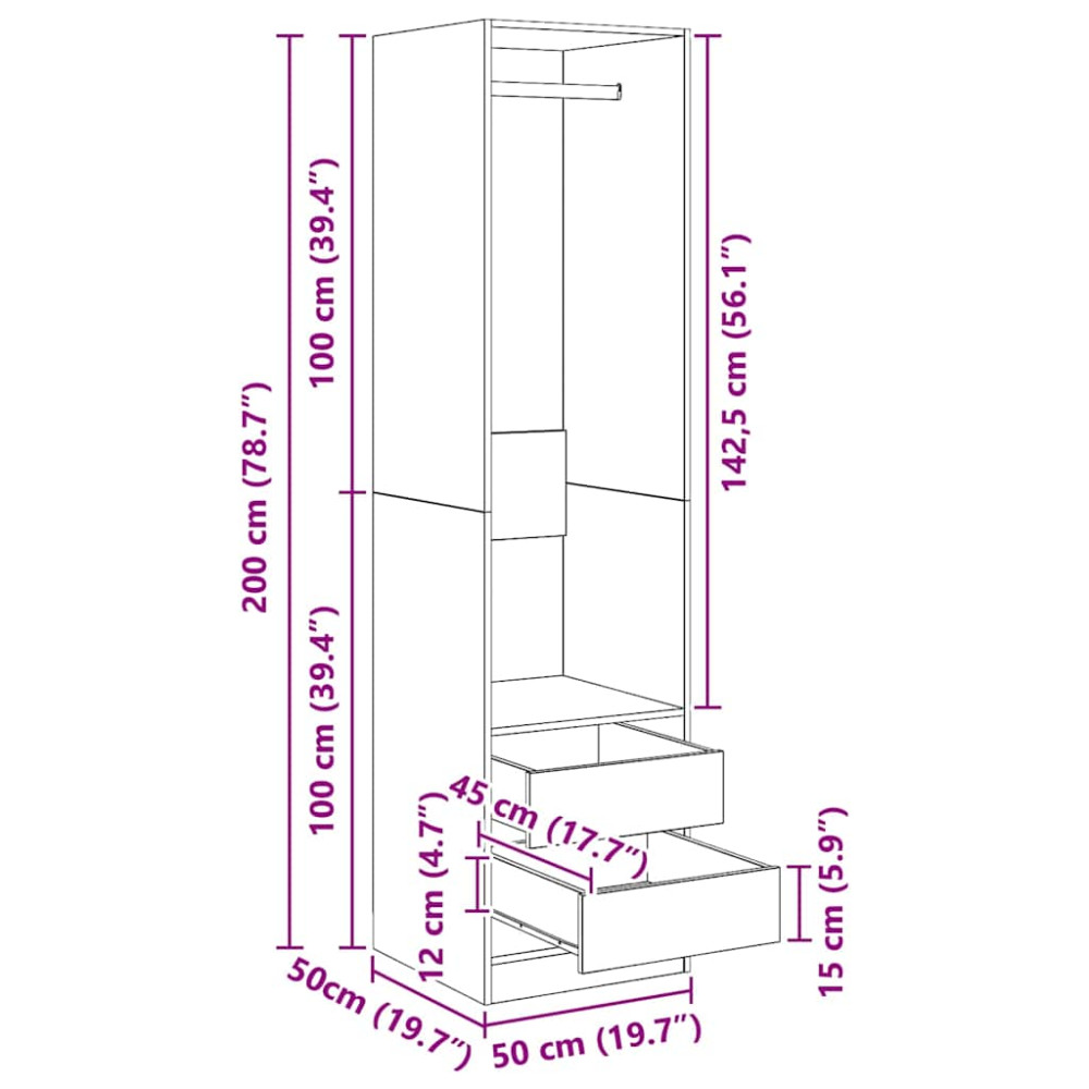 Produktbild för Garderob med lådor svart 50x50x200 cm konstruerat trä